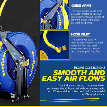 Goodyear Air Hose Reel Retractable 1/2" Inch x 50' Foot Long Premium Commercial Driven Sbr Hose Max 300 Psi Reinforced Steel Construction Heavy Duty Retractable Spring Industrial Dual Arm and Pedestal