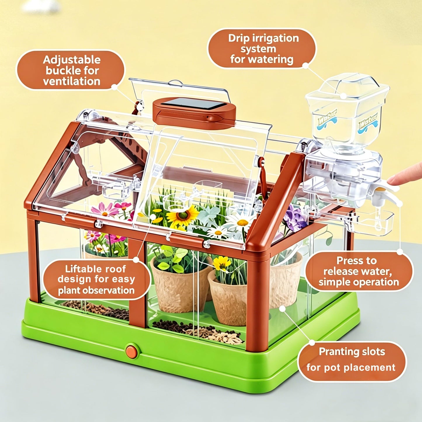 EXBEPE Kids Plant Growing Kit Greenhouse Growing Set Terrarium Kit Kids Science Educational DIY Plant Gardening Toy, Living Greenhouse with Solar Panel, Indoor Gardening Kit