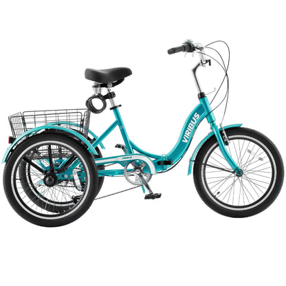 VIRIBUS Folding Tricycle for Adults, 20 inch 7 Speed Foldable Adult Tricycle for Women Men Seniors with Dual Chain, Folding 3 Wheel Bike with Lock, Collapsible Three Wheel Bicycle 330 lb. Teal