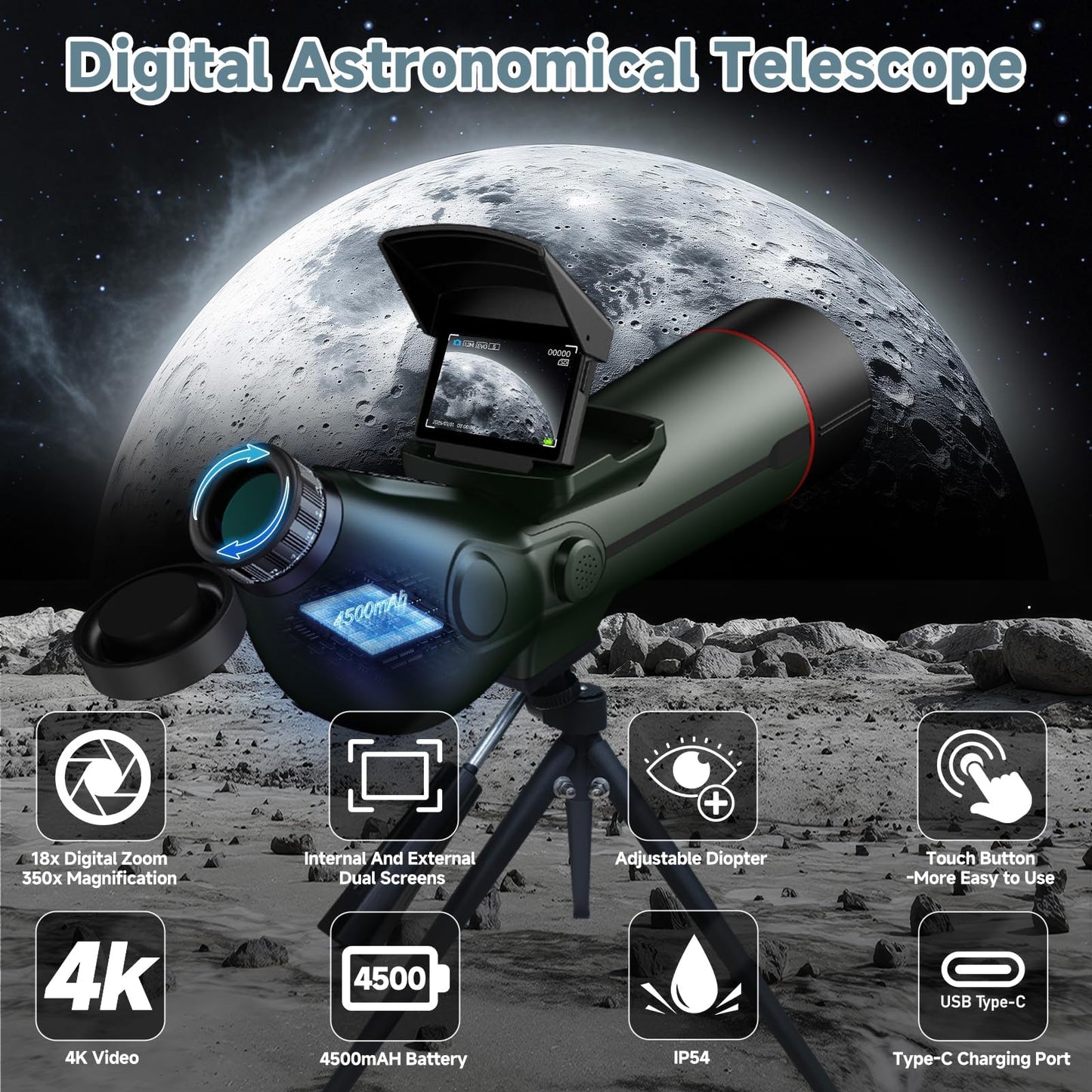 Smart Telescope, Professional Refractor Auto-focus Portable Digital Electronic Telescopes with 4K Astrophotography Camera, Internal And External Dual Screens Spotter for Adults and Beginners Astronomy
