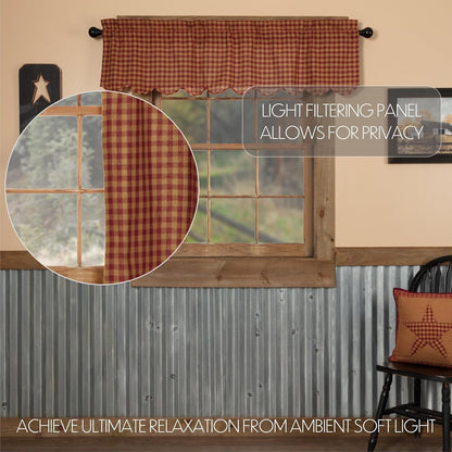 VHC Brands Burgundy Red Check Cotton Primitive Kitchen Curtains Rod Pocket 16x60 Valance