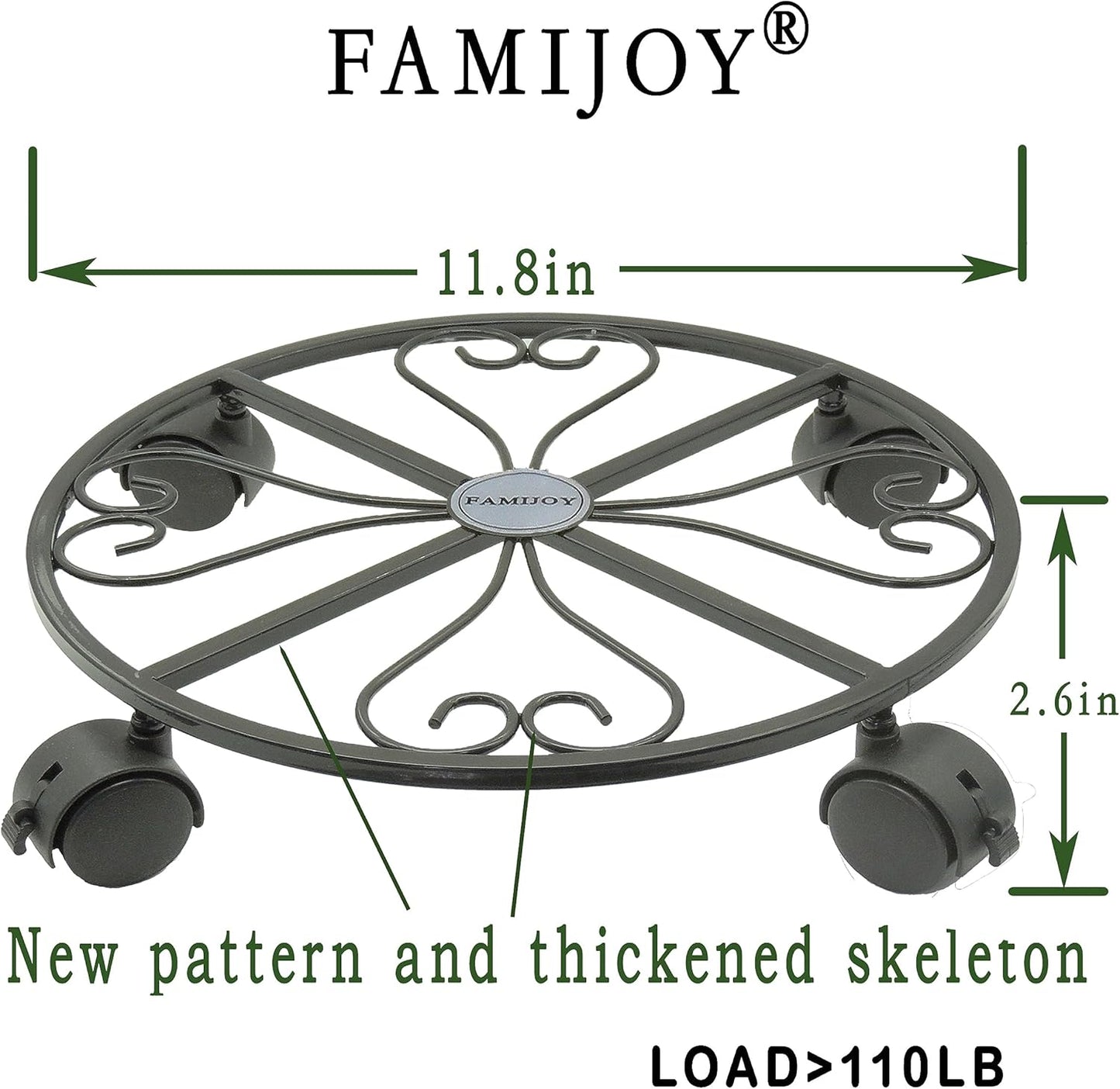 FAMIJOY 2 Pack Caddy,12 Inch 4 360 (12 Inches, Metal Plant Plant Stand Round Plant Roller with Lockable Caster Wheels