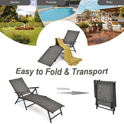 Multigot Folding Sun Lounger Set of 2, 5-Positions Adjustable Reclining Chaise Lounge Chair with 2-Level Footrest & Armrests, Steel Frame Outdoor Sunbed Deck Chair for Poolside Beach Camping (Gray)