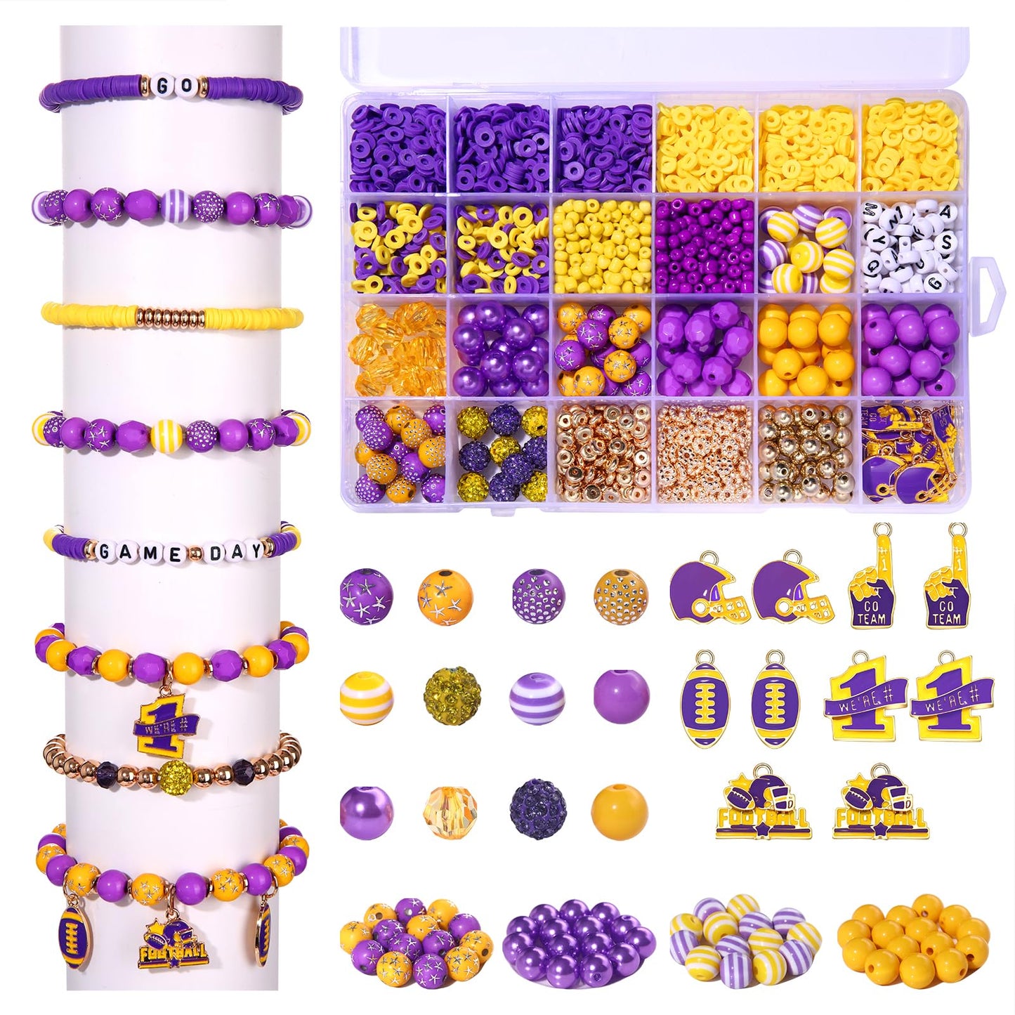 HSWE Game Day Beads for Bracelets Making Kit Heishi Clay Pearl Letter Assorted Round Bead Gold Spacer Beads Football Charms for DIY Bracelets Necklace Jewelry Making (Purple Yellow Game Day Kit)