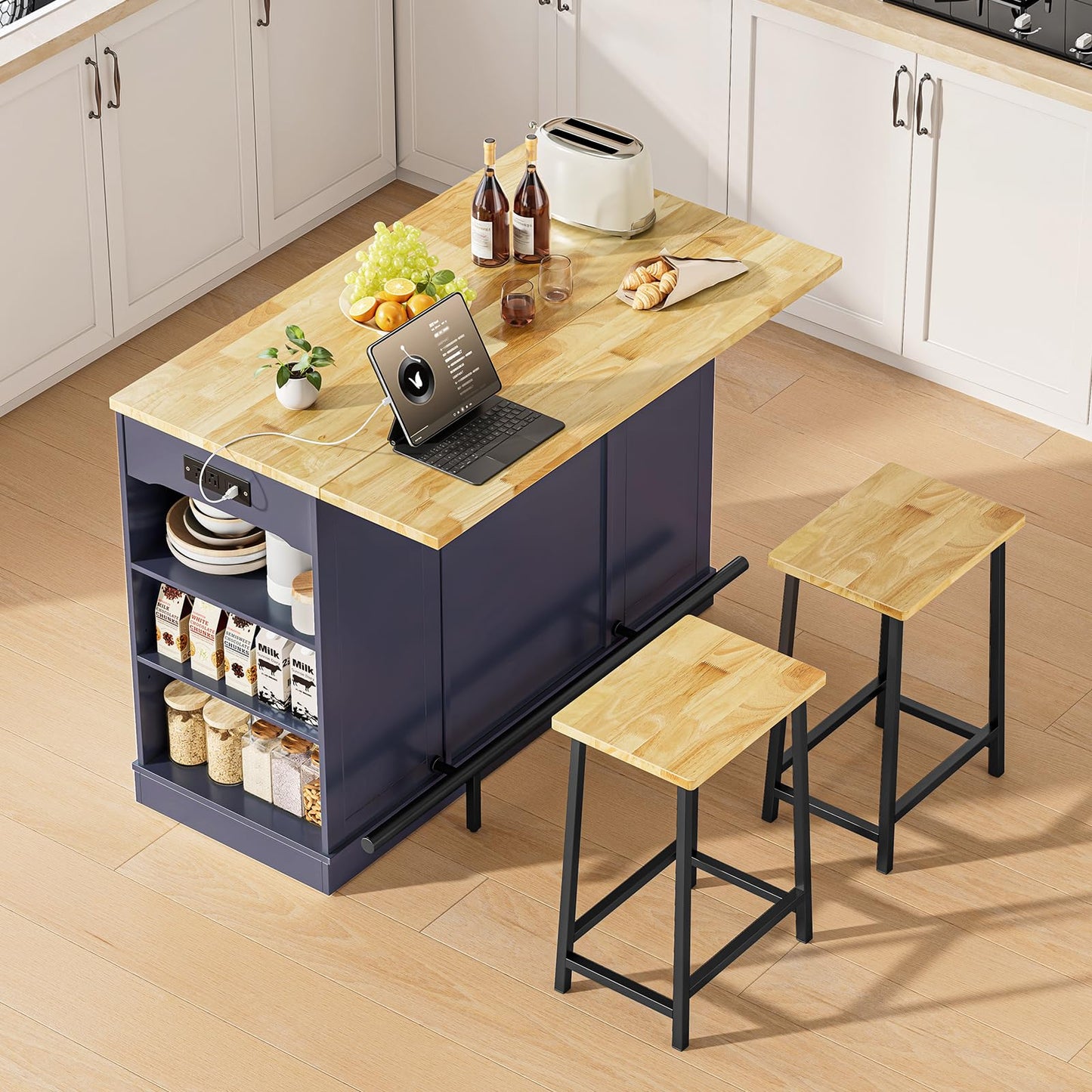 ONBRILL Stationary Kitchen Islands Include 2 Chairs, 47" Kitchen Island with Drop Leaf, Home Bar Table with Spice Rack & with Trash Cabinet, Island Table for Dining Room with Power Outlet, Blue