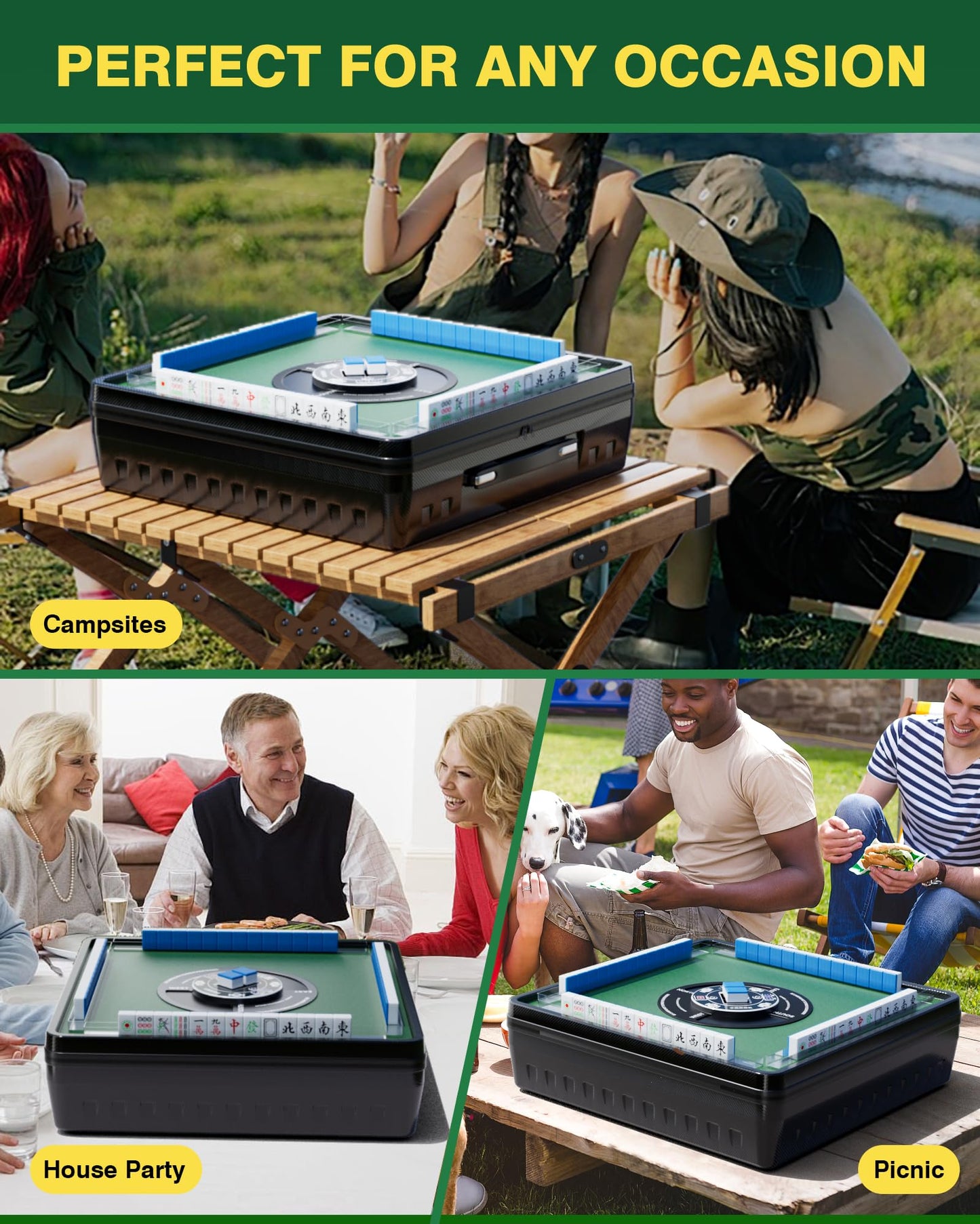 PYY Portable Automatic Mahjong Table - Foldable Tabletop Design, 166 Magnetic Mini Mahjong Tiles (Incl. 8 Dragons, 4 Blanks, 10 Jokers), Supports American & Chinese Styles, for Outdoor & Home Fun