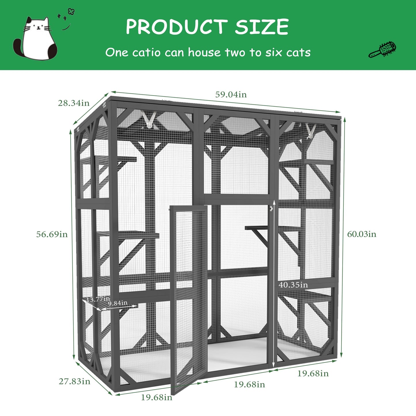 Ball & Cast 59" Wooden Catio Enclosure Outdoor Cat House with Anti-UV& Waterproof, Platforms and Resting Boxes Walk-in Cat Kennel Shelter for Indoor,Dark Grey