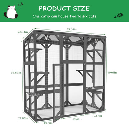 Ball & Cast 59" Wooden Catio Enclosure Outdoor Cat House with Anti-UV& Waterproof, Platforms and Resting Boxes Walk-in Cat Kennel Shelter for Indoor,Dark Grey