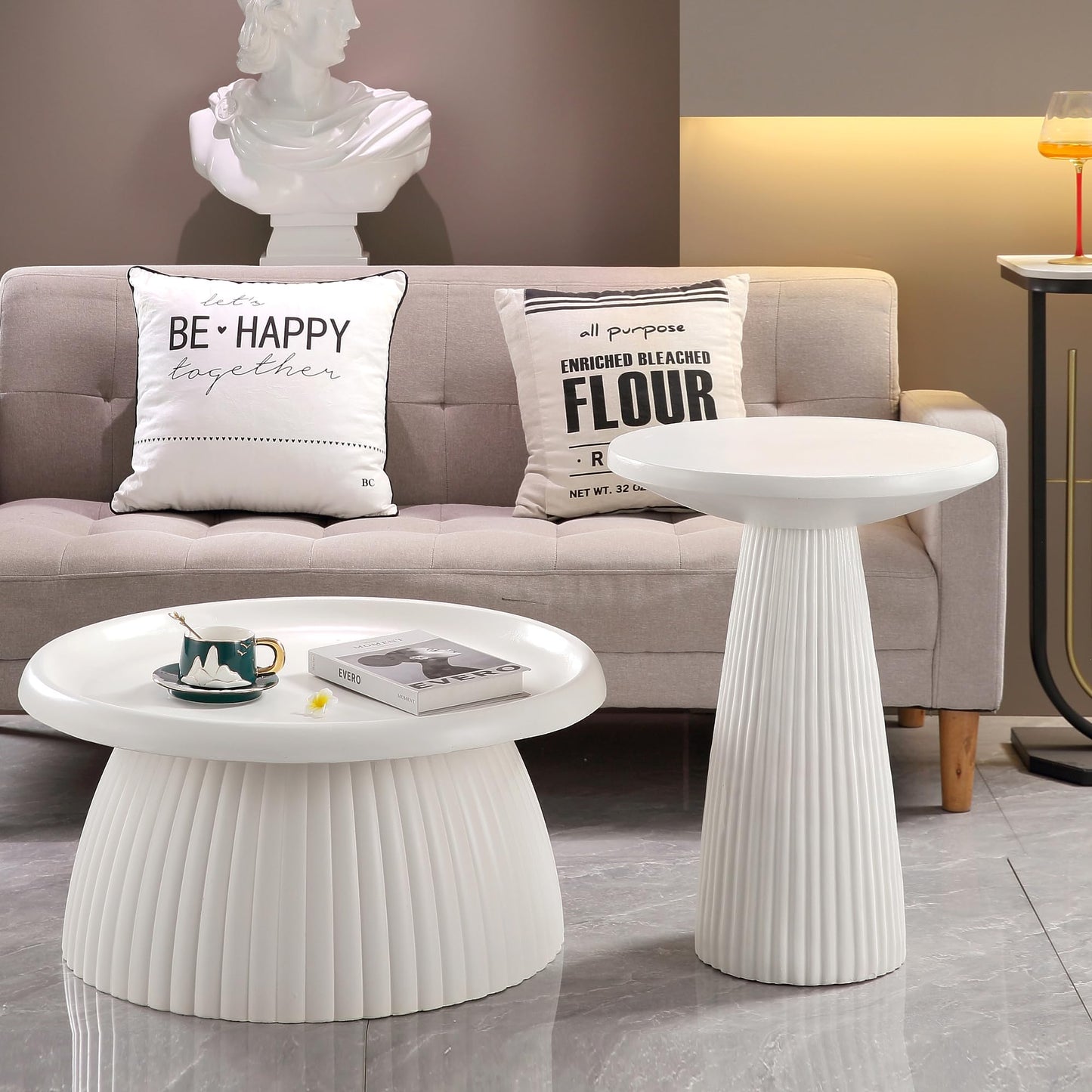 KEIKI Magnesium Oxide Fluted Base Side Table, 19.69" Round End Table for Indoors, Outdoors, Mid-Century Modern Side Table, Circle Fluted End Table for Living Room Patio, Ivory White