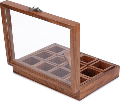 12 1 Ajuny Wooden Spice Box - Masala Dabba Organizer with Glass Lid on Top, Removable Compartments and Designer Spoon