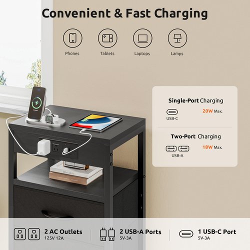 Lazzanto NightStand Bedside Charging Table Bedroom - Night Stand with Charger Station, Modern Nightstand with Open Shelf & 2 Fabric Drawers, Bed Side Table with USB-C Port for Dorm, Black