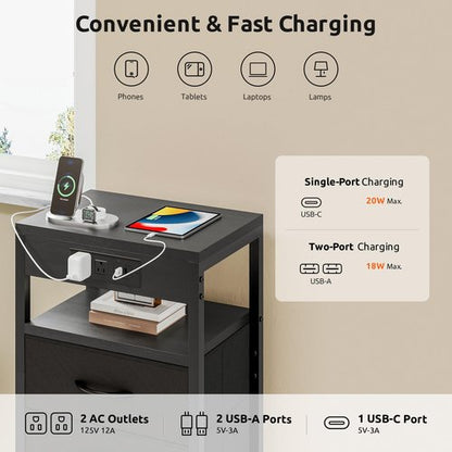 Lazzanto NightStand Bedside Charging Table Bedroom - Night Stand with Charger Station, Modern Nightstand with Open Shelf & 2 Fabric Drawers, Bed Side Table with USB-C Port for Dorm, Black