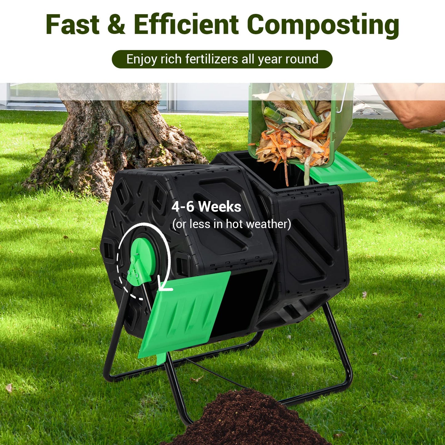 Goplus Compost Bin, Dual Chamber 34.5 Gal Compost Tumbler with 2 Rotating Chambers, Sliding Doors, High-Volume Outdoor Garden Composter, Rotating Composting Bin for Garden Yard, BPA Free