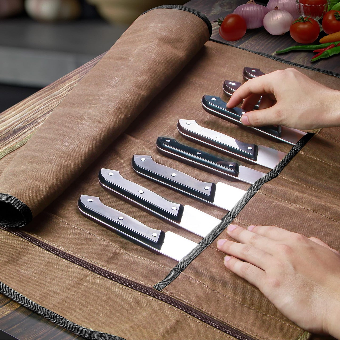 Chef Knife Roll Bag,Waxed Canvas Knife Travel Case,Heavy Duty Professional Knife Carrier Storage Holder with 10 Slots,Portable Kitchen Culinary Tool Organizer for Men,Fits up to 18.8” Knives.Khaki