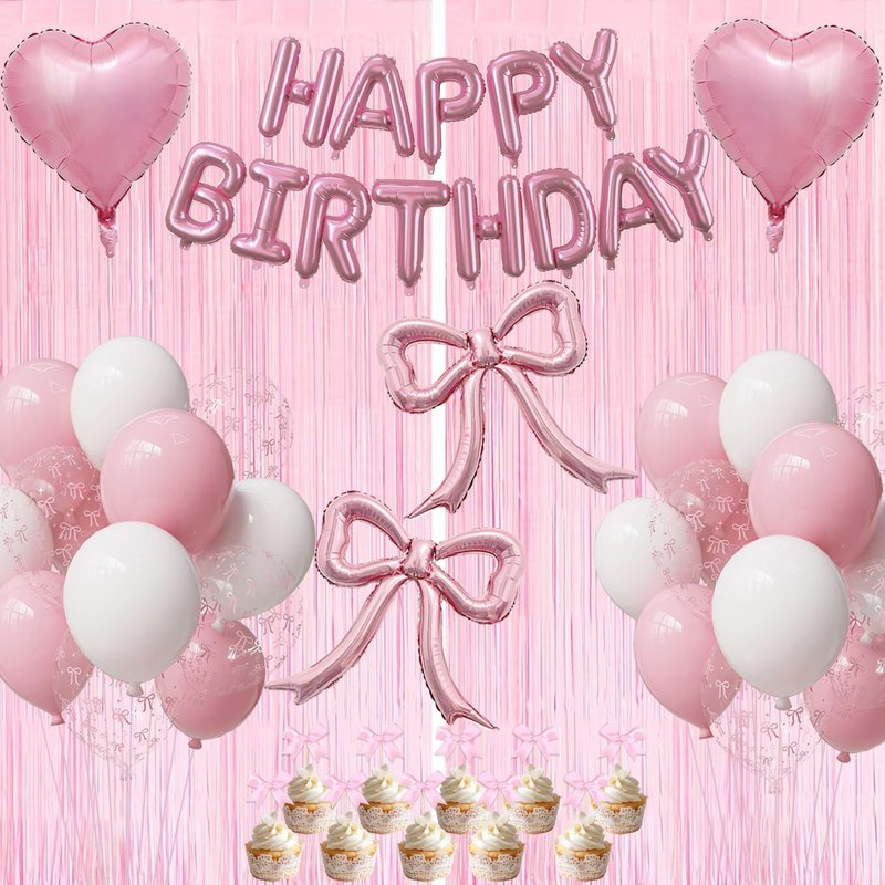 Pink Bow Birthday Party Decorations Kit with Bows Happy Birthday Balloon Banner, Pastel Pink Fringe Backdrop, Heart Balloons and Cake Toppers – Coquette Decor for Girls & Women