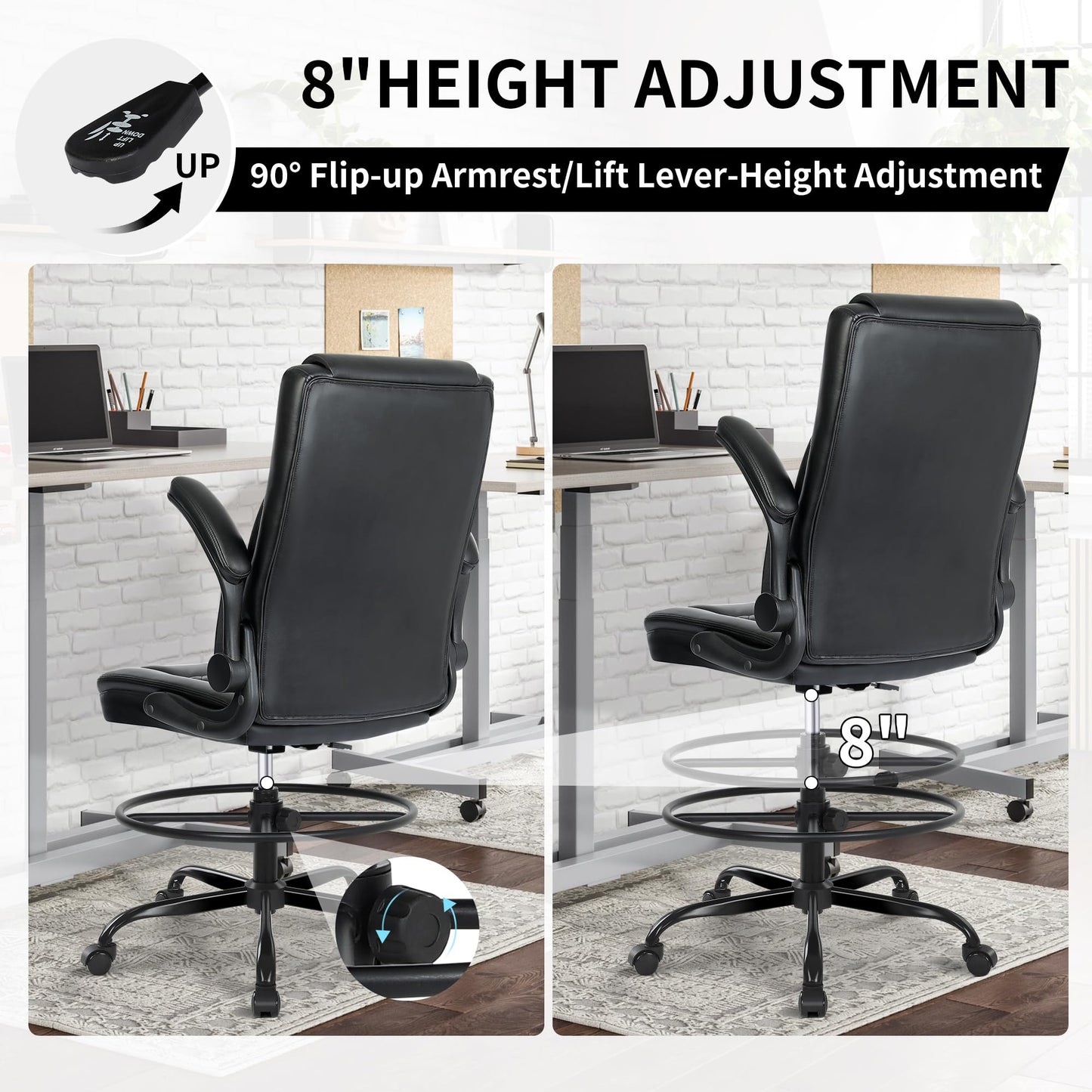 Misolant Drafting Chair with Footrest Ring, Tall Office Chair for Standing Desk, PU Faux Leather Bar Counter Height Chairs with Adjustable Height, 360° Swivel Wheels for Garage Office, Black