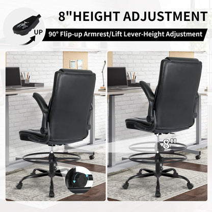 Misolant Drafting Chair with Footrest Ring, Tall Office Chair for Standing Desk, PU Faux Leather Bar Counter Height Chairs with Adjustable Height, 360° Swivel Wheels for Garage Office, Black