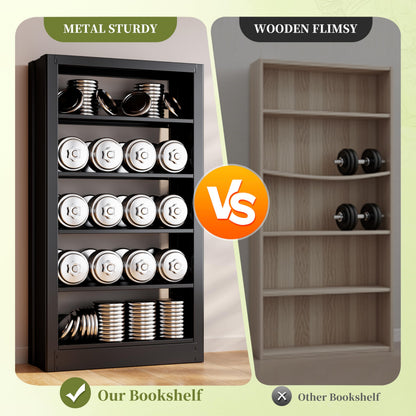 OpolQif Bookshelf, 71" H Tall Black Bookcase, 5-Tier Bookcase Metal Sturdy Bookshelf with Adjustable Shelves,Heavy Duty Book Cases for Living Room, Library, School, Study, Home Office(Black, 73" W)