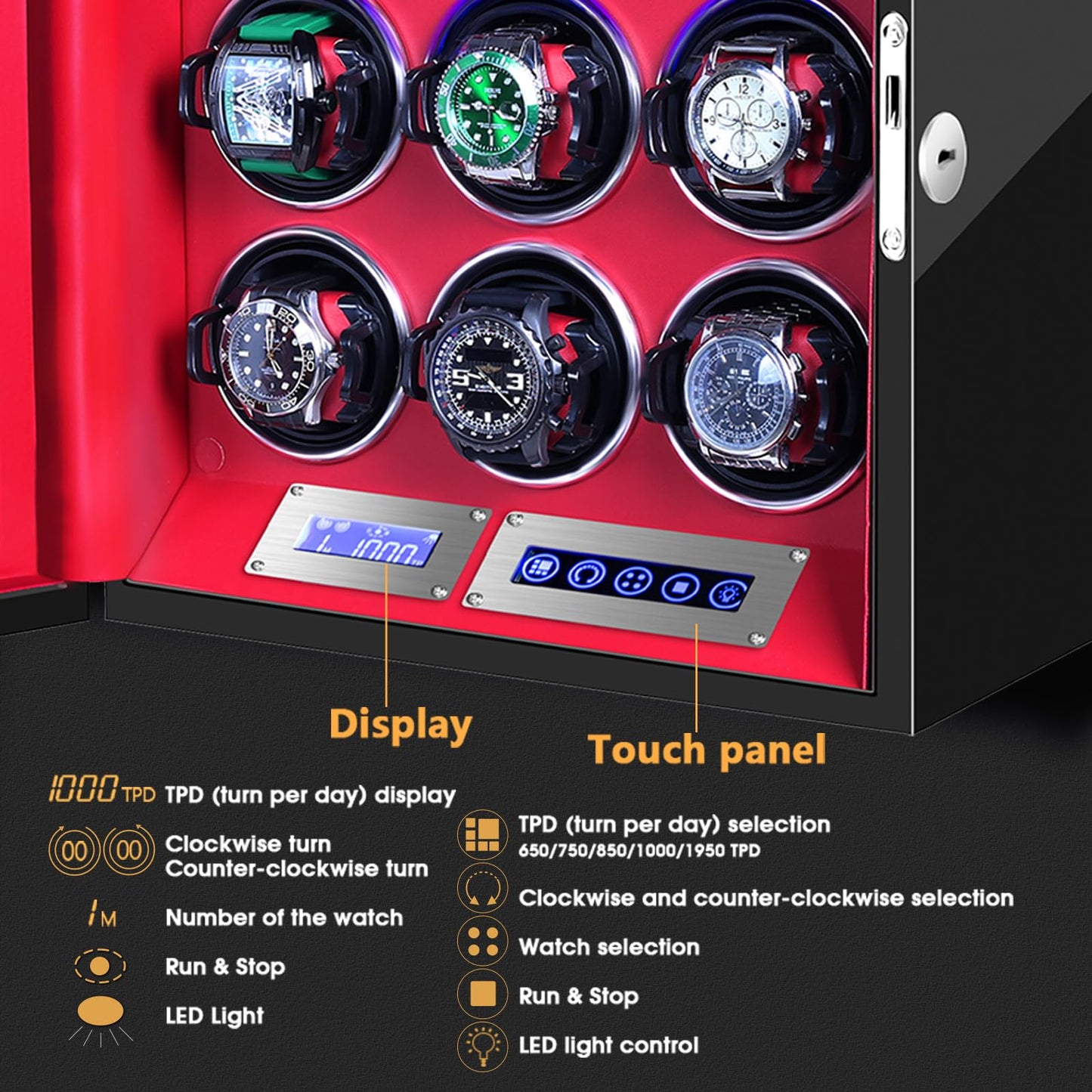 SNEOLTJN Watch Winder for 9 Slots Automatic Watches,Ultra-Quiet Japanese Motors, Built-in LED Illumination and LCD Touchscreen Control