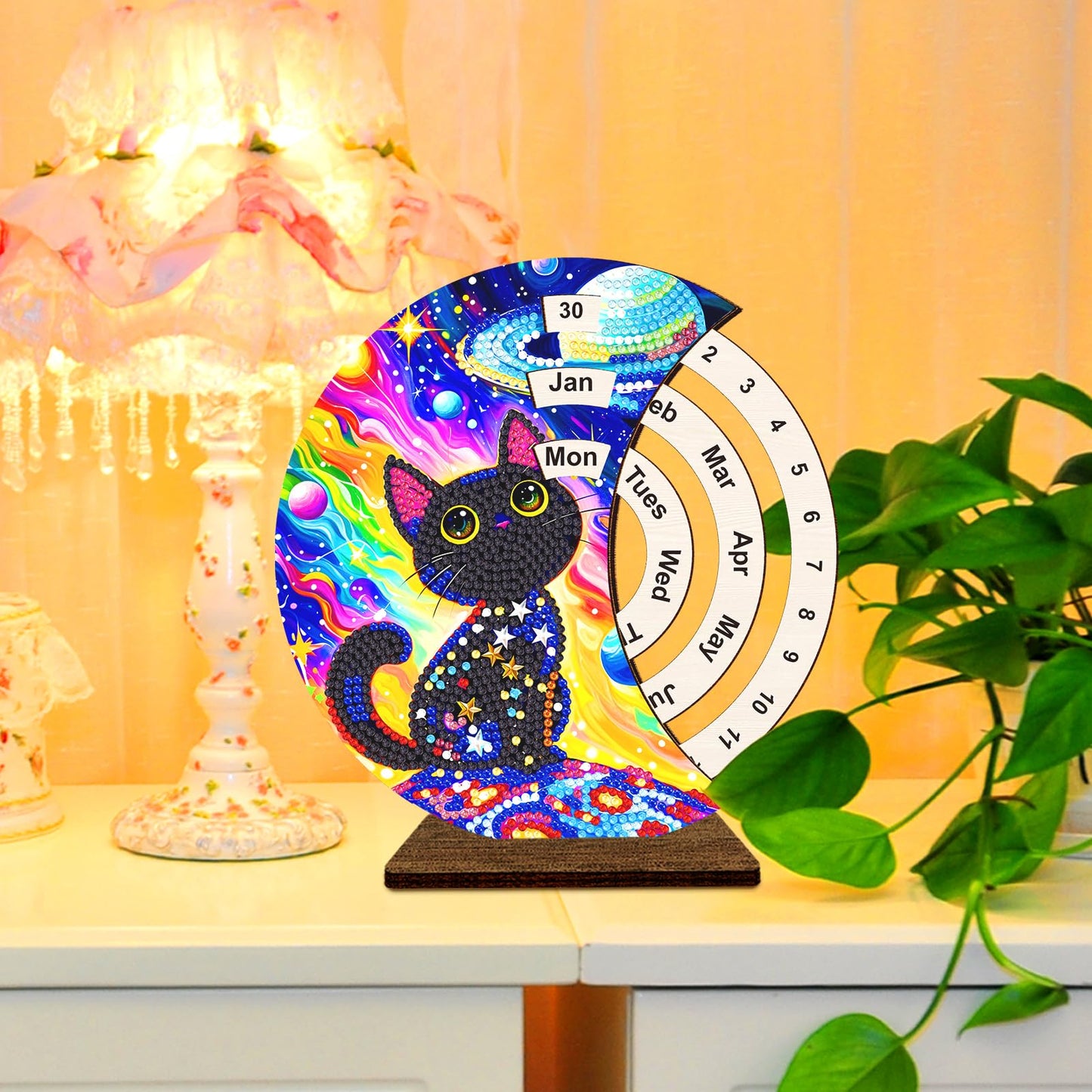 F-CANLAN 5D Diamond Painting Decorations Ornaments - Black Cat Calendar Decorated Desktop Diamond Painting with Gem Cat Calendar Decorated Desktop Paint with Diamonds for Room Decor (19X18 CM)