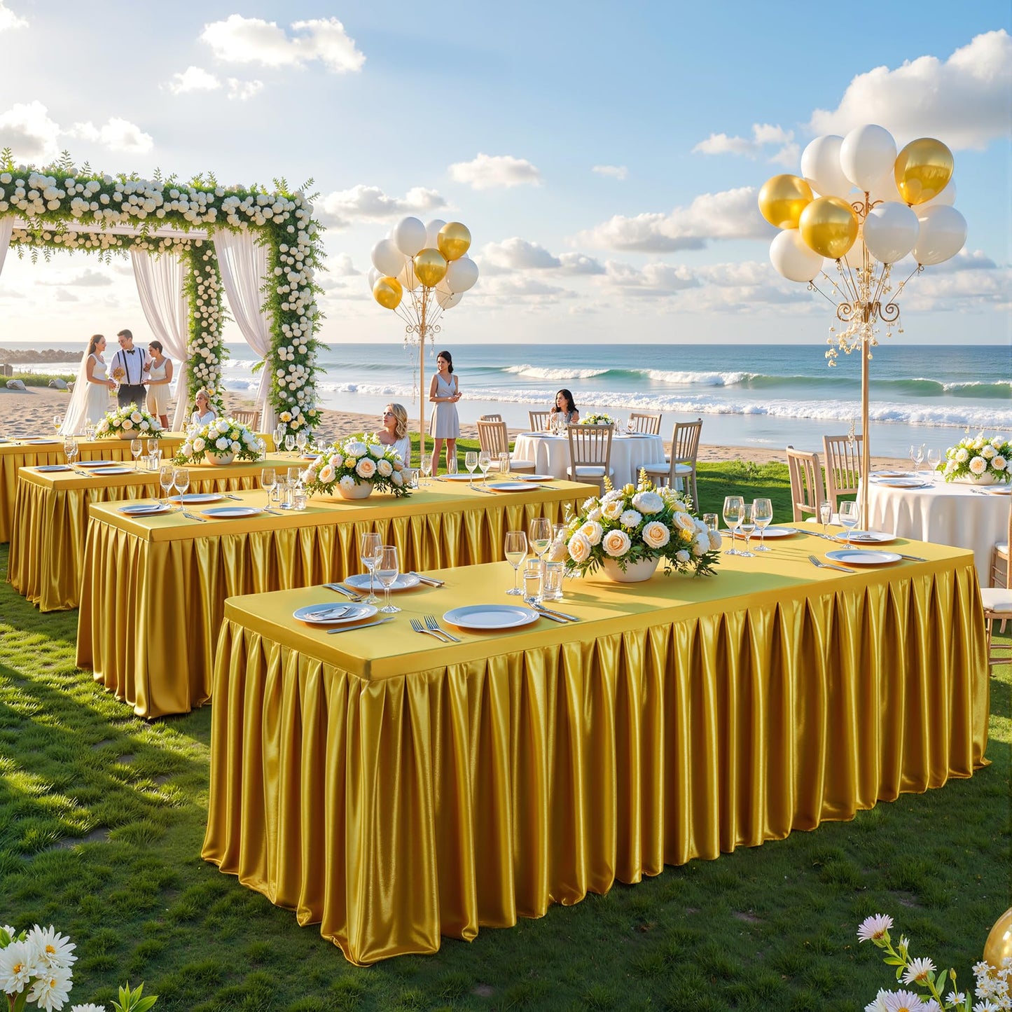 Dark Gold Satin Glitter Tablecloth for Rectangle Tables 6ft,Wrinkle Resistant Ruffles Shimmer Party Table Skirt,Washable 6FT Rectangle Table Cloth Skirt For Birthday,Baby Show,Party,Wedding,Banquet