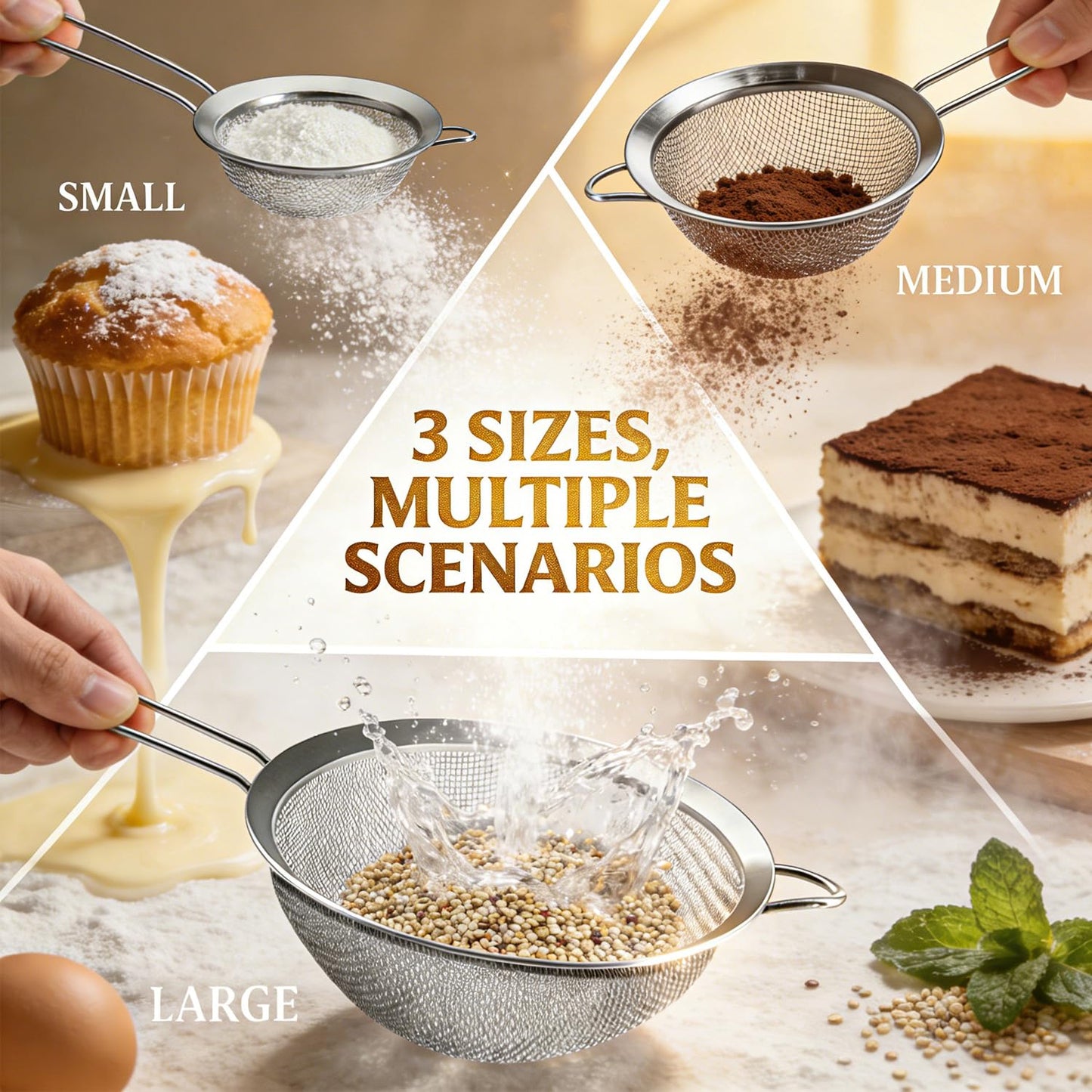 Anaeat Fine Mesh Strainers - Premium Stainless Steel Colander Sieve Sifters, with Durable Mesh and Sturdy Handle, Excellent for Sifting Dry ingredients, Flour, Pastas, Rice, Tea (2.8"+4.73"+7.09")
