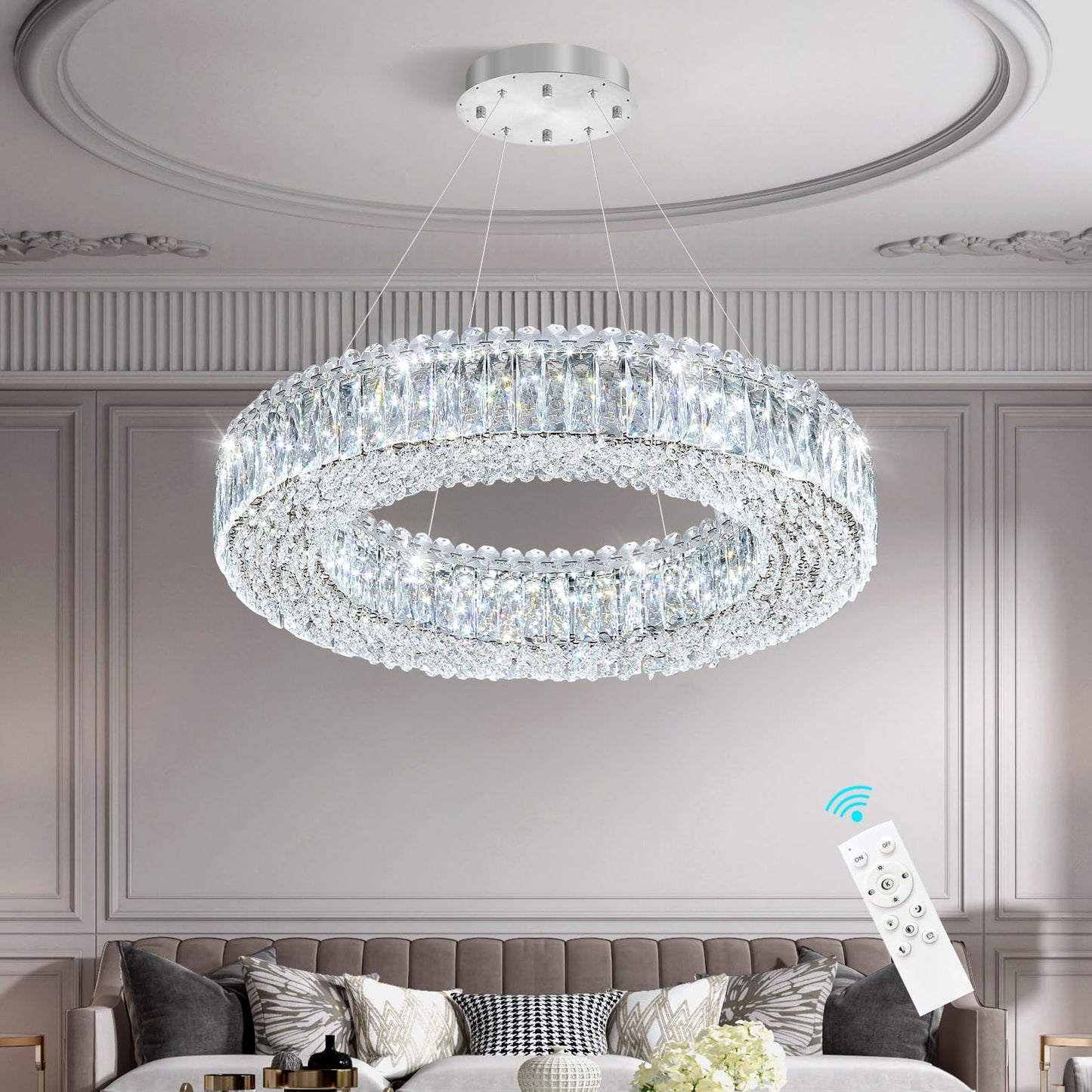 24'' Modern Crystal Chandeliers Large Ring Chandelier for Living Room LED Dimmable Ceiling Light for Dining Room High Ceiling Chandeliers for Foyer Entryway Silver