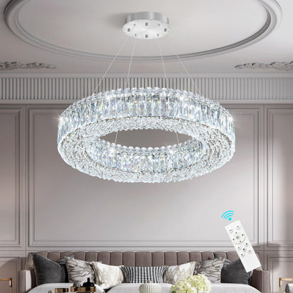 24'' Modern Crystal Chandeliers Large Ring Chandelier for Living Room LED Dimmable Ceiling Light for Dining Room High Ceiling Chandeliers for Foyer Entryway Silver