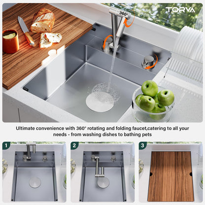 TORVA RV Kitchen Sink, 16 x 21 x 7 Inch Undermount Bar Sink 16 Gauge Stainless Steel Single Bowl Sink with Foldable Faucet Cutting Board, Grey