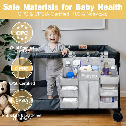 Funyoo Baby Hanging Diaper Organizer for Changing Table and Crib - Holds 70+ Diapers & Essentials, Heavy Duty Stacker Storage for Playard, 22.4" L x 18.1" W x 5.9" H