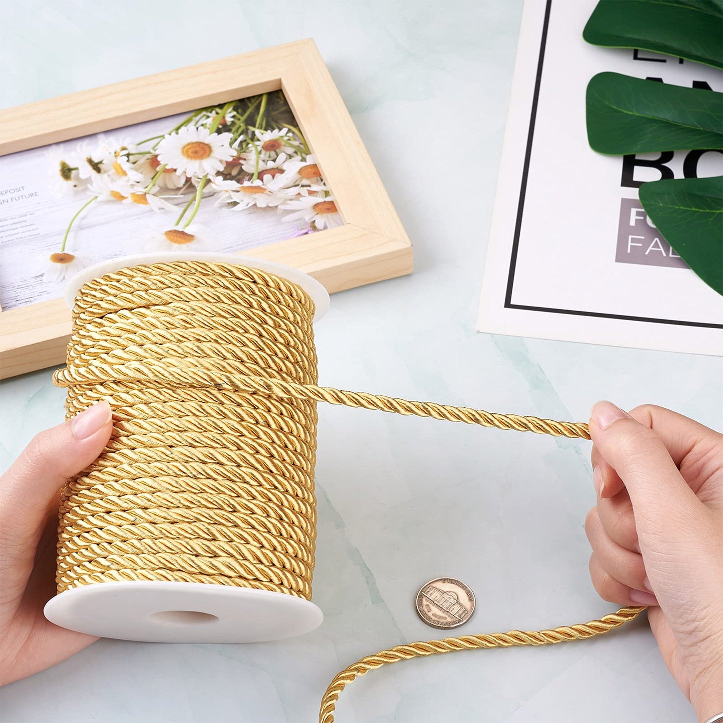 32 Yards 5mm Twisted Trim Cord Gold Polyester Twine Decorative Rope 3-ply Braided Fabric Macrame Thread String with Spool for Wall Hanging Plant Hangers Home Decor Customes Curtain Tieback