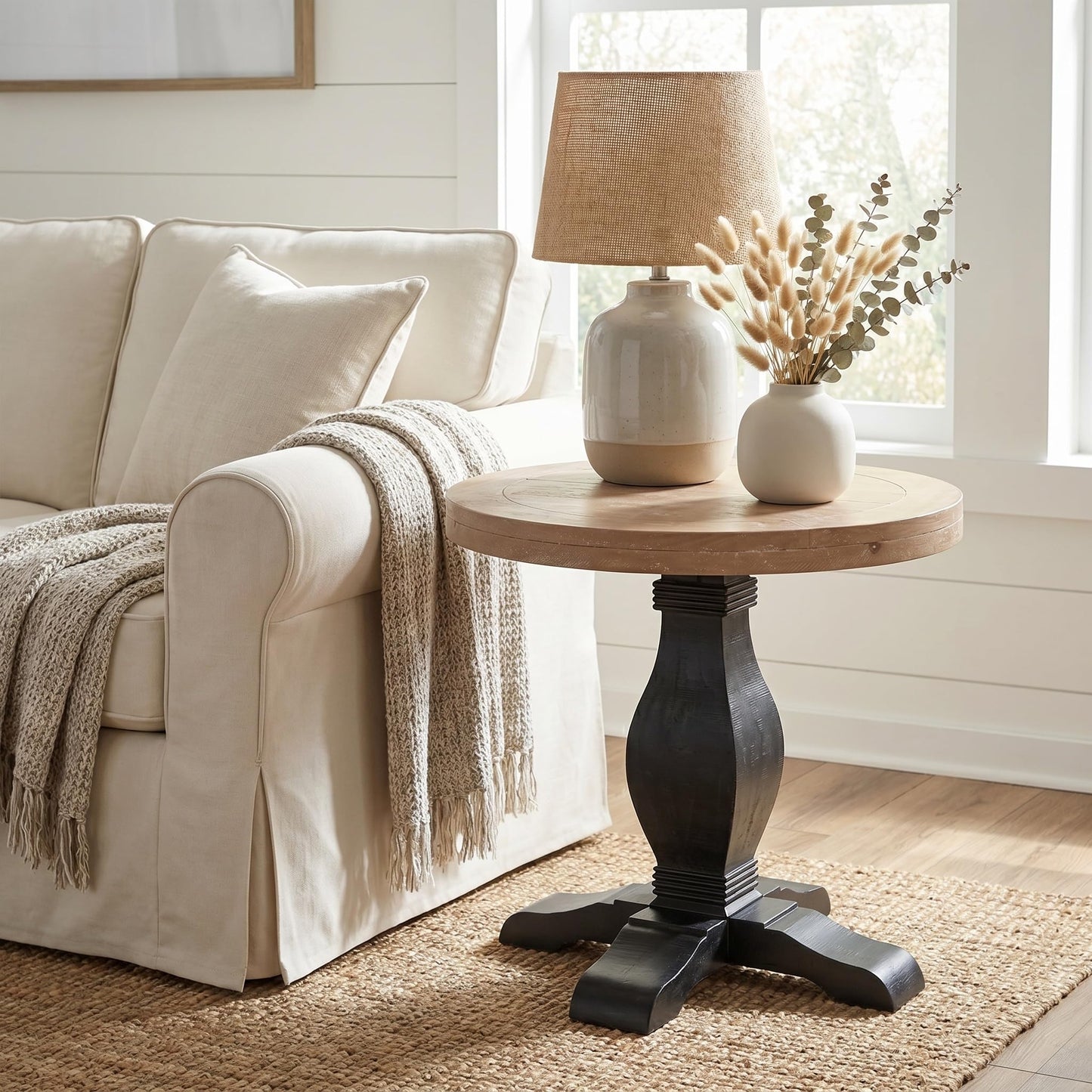 Martin Svensson Home Napa Solid Wood Pedestal End Table, Black and Driftwood