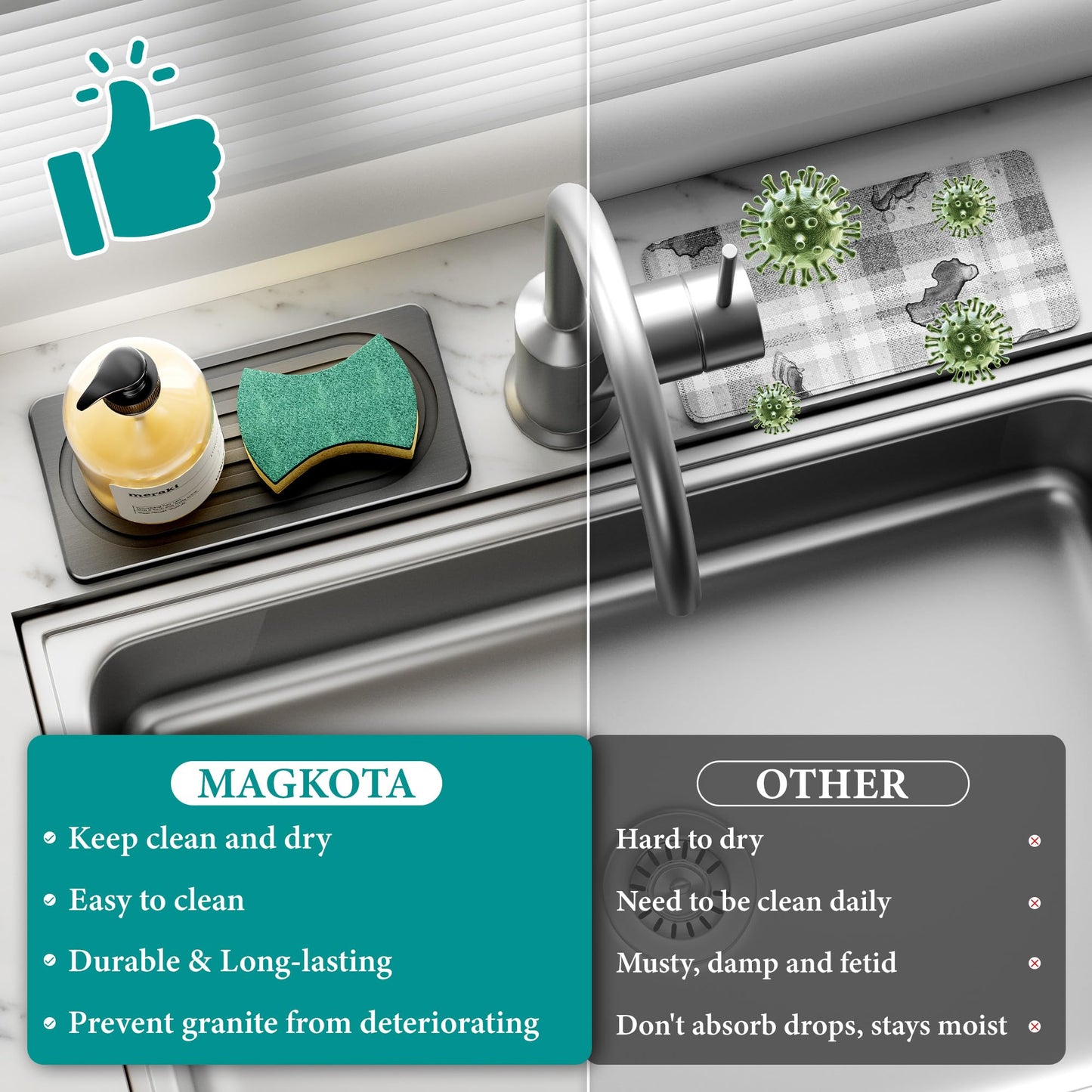 MAGKOTA Water Absorbing Stone Tray for Sink, Quick Drying Diatomite Bathroom Tray Countertop, Stone Drying Mat for Kitchen Counter Faucet, Soap Dish Dispenser Vanity Organizer, Dark Grey-B-8.3" x 4"