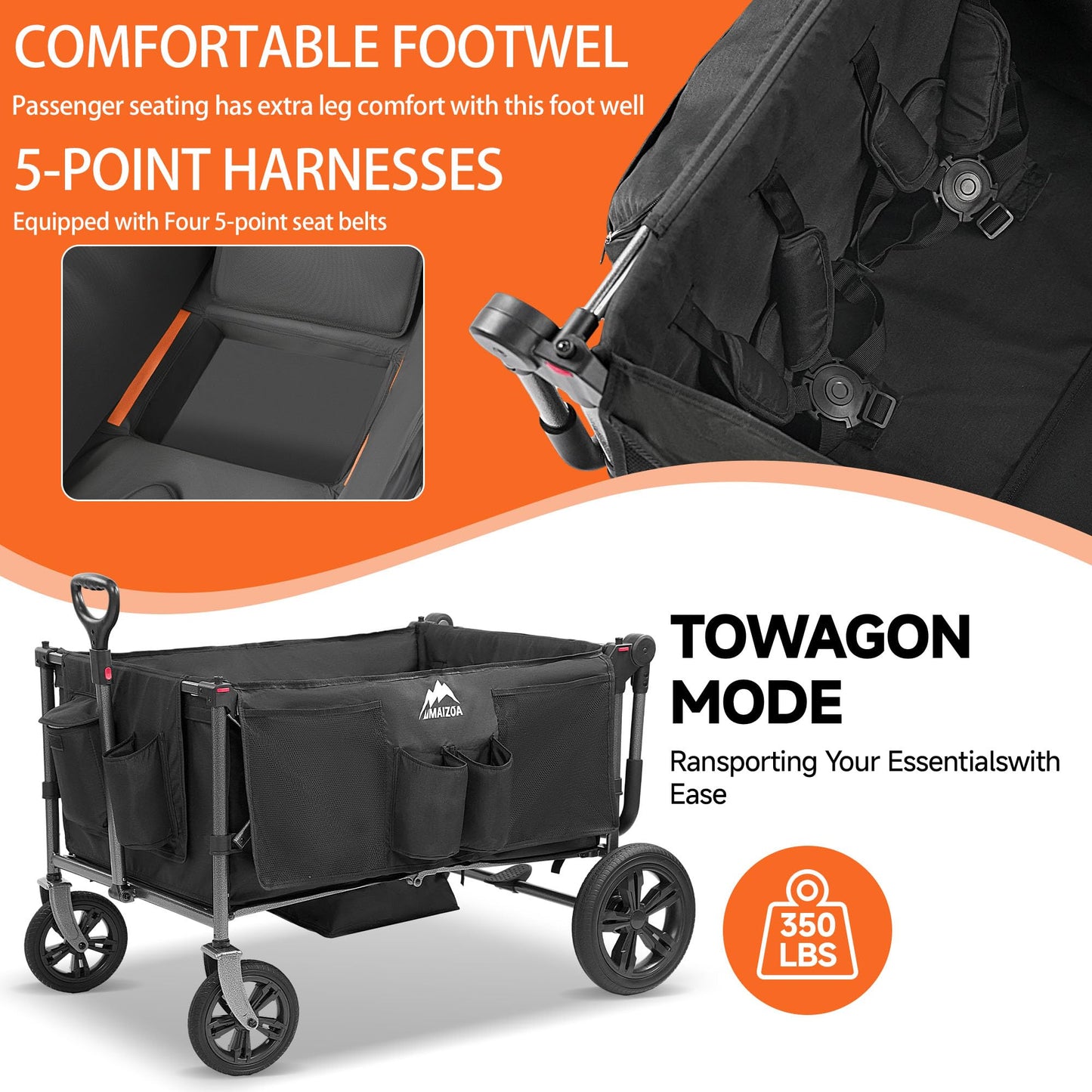MAIZOA 4 Seater Foldable Wagon Stroller & Cargo,with 5-Point Harnesses,Adjustable Push/Pull Handle, Removable Sun Canopy, One-Step Locking Design, Suitable for Family Travel, 4 Children Ride, Gift