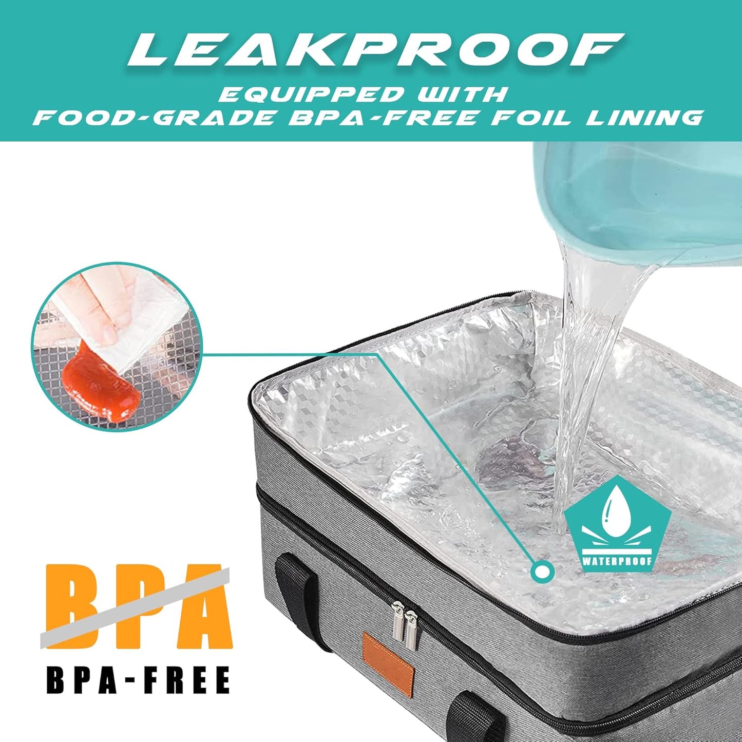 Insulated Lunch Bag, Double Decker Casserole Carrier for Hot or Cold Food, Fits 9"x13" Baking Pan, Gray