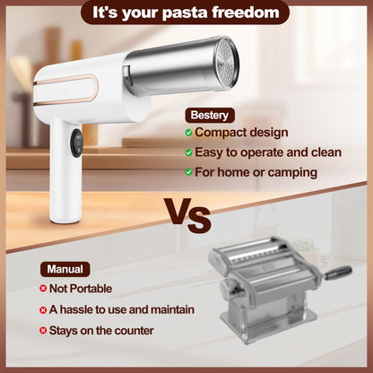 Bestery Electric Pasta Maker Machine 5 in 1 Cordless Handheld Automatic Noodle Maker for Homemade Spaghetti Making Tool Durable and Compact DIY Pasta Press in the Kitchen White