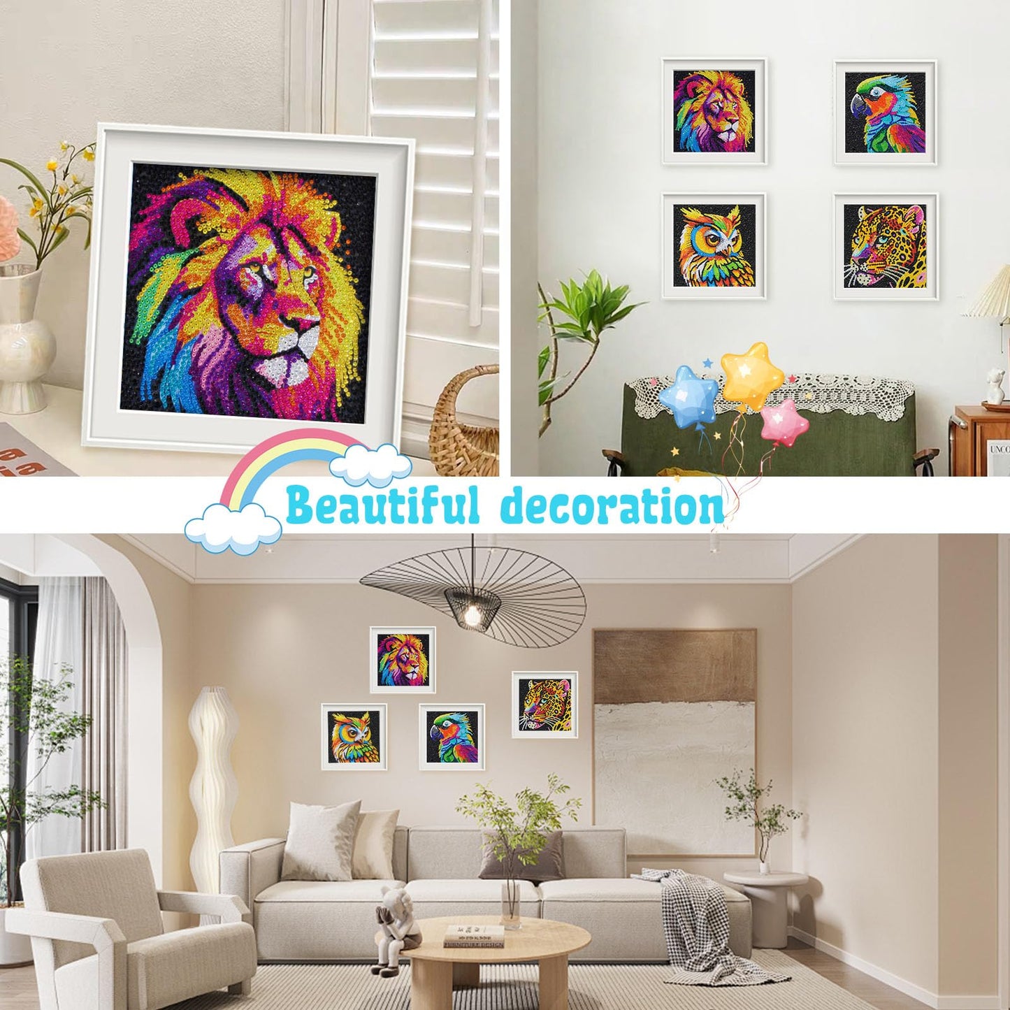 UiSdfuy Diamond Art Kits for Kids, Arts & Crafts Ages 8-12,Diamond Art for Boys Girls,Gem Art 4 Pack Diamond Painting 6"x 6" - Lion Owl Leopard Parrot