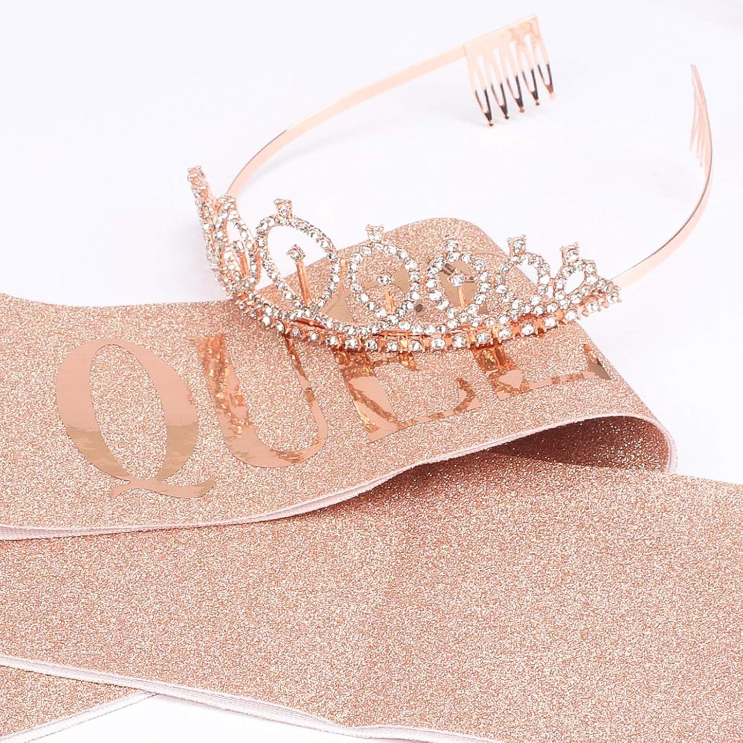 CAVETEE Birthday Crown and Sash for Women, Rose Gold Rhinestone Tiara Set for Decorations