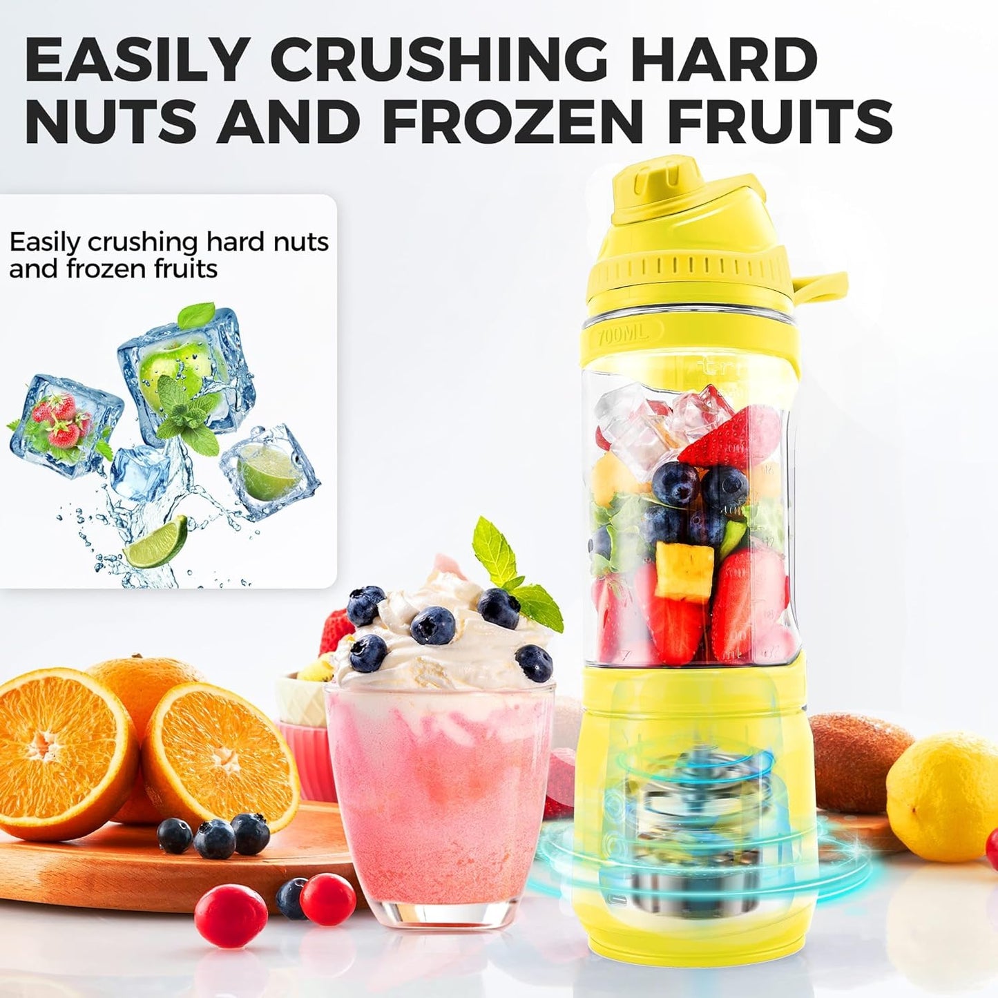 Portable Blender, Anti-Jamming 300 Watt for Shakes and Smoothies, 24oz USB Rechargeable Travel Blender with BPA Free