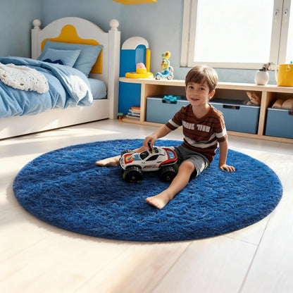 Ophanie Blue Round Rug - 4Ft Plush Circle Area Rug for Kids' Room | Soft Shaggy Carpet Decor