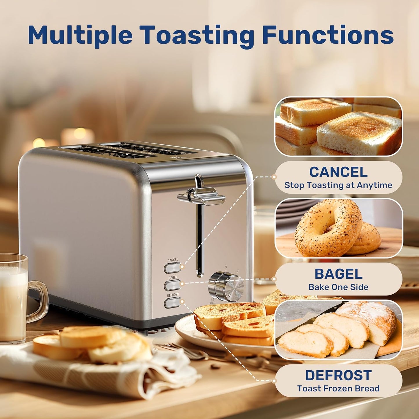 YSSOA 2-Slice Toaster - Silver, 6 Browning Settings, 3 Functions, Extra Wide Slot & Removable Crumb Tray for Bread &