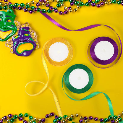 6 Rolls 0.4 Inch Mardi Gras Ribbon Wide Satin 150 Yard Yellow Green Purple Thin Ribbon for Ornaments Metallic Glitter Ornament Festival Wired Fabric for Wrapping Mardi Gras Decor Party Supplies