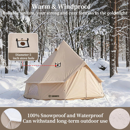 Canvas Bell Tent with Stove Jack, Glamping Yurt Tent for 360° Ventilated Mesh with Zipped Removable Floor, 4 Season Family House Hot Tents for All Year Living (Beige- 4M- 173 sq. ft yurt)