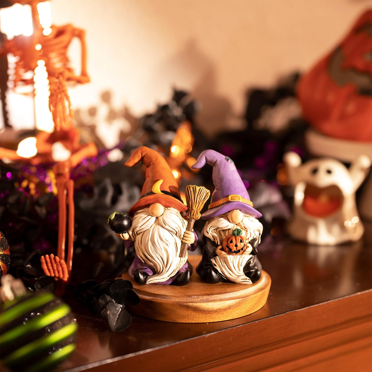 Valery Madelyn Gnomes Halloween Decorations Indoor, 2 Pcs Resin Gnome Decor for Home with Witch Hat Broom Jack O Lantern Moon, Halloween Figurines Elf Dwarf for Table Tiered Tray Outdoor, 3.6"