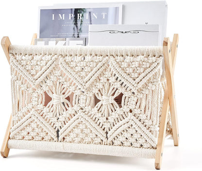 14L 10W Mkono Macrame Magazine Rack Boho Storage Holder Standing Basket for Books, Newspapers, Swaddle Blanket, Dorm