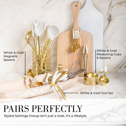 White Silicone and Gold Cooking Utensils Set with Gold Utensil Holder - 7-Piece Silicone Cooking Tools - Ideal for Nonstick Cookware and Stylish Modern Kitchens - Luxury Kitchen Accessories.