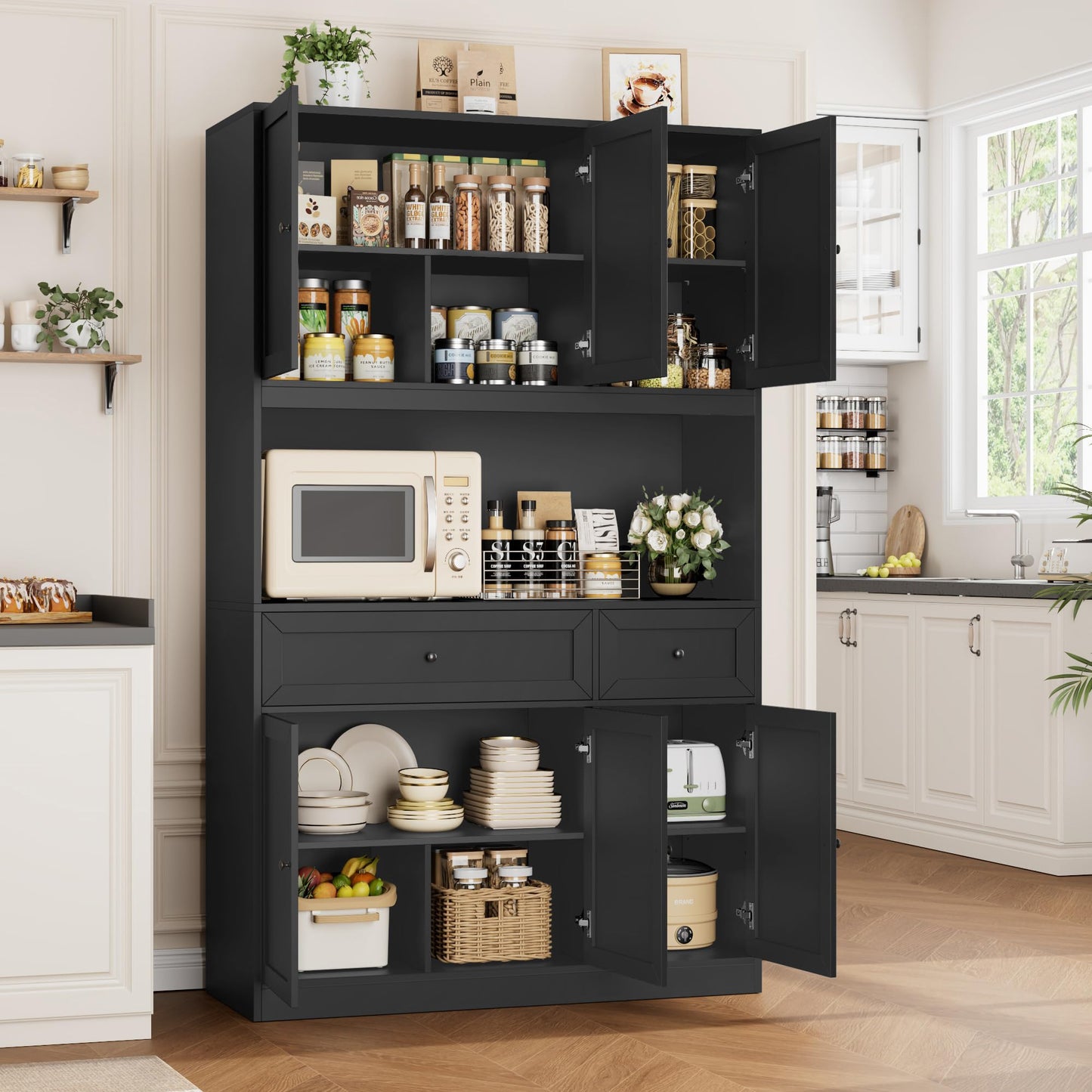 BOTLOG 72" Kitchen Pantry Cabinet, Kitchen Hutch with Microwave Stand, Buffet Cabinet with Hutch for Dining Room, Black