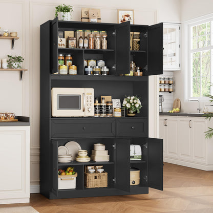 BOTLOG 72" Kitchen Pantry Cabinet, Kitchen Hutch with Microwave Stand, Buffet Cabinet with Hutch for Dining Room, Black