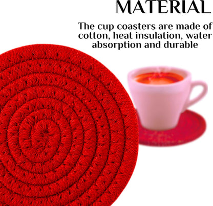 8PCS Red Handmade Cotton Round Woven Coasters - Absorbent Braided Cup Mats for Drink Home Kitchen Heat-Resistant
