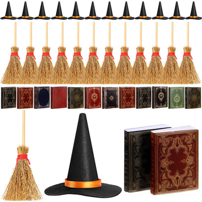 Yuntau 36 Pieces Mini Halloween Decorations 12 Mini Felt Witch Hats 12 Small Brooms 12 Miniature Dollhouse Books Tiny Witch Accessories Set for DIY Crafts Halloween Party Decor Supplies